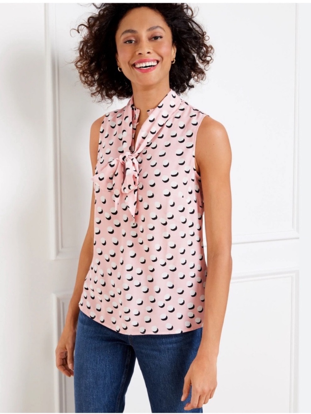 Talbots Pink Shadow Dot Tie Neck Sleeveless Blouse 2X Plus NWT Shell Top